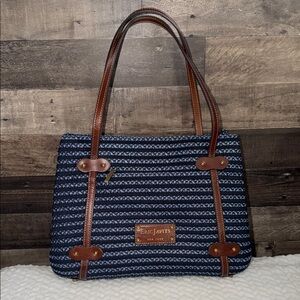Eric Javits Striped Navy and Brown Newport Mixed Fabric Shoulder Bag